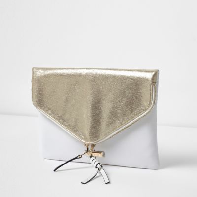 Gold and white envelope clutch bag